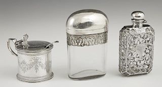 Four Pieces of Sterling Silver, consisting of a mustard pot with a cobalt glass liner, London, 1865; a mustard spoon, London,