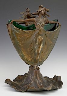 Patinated Spelter Art Nouveau Figural Vase, early 20th c., the sides with relief female figures, to a leaf form base, with a 