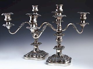 Pair of English Sheffield Convertible Three Light Candelabra, 20th c., with a central candle cup flanked by scrolling arms wi