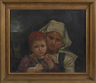 Dutch School, "Mother and Daughter," c. 1900, oil on canvas, presented in wide gilt frame, H.- 19 1/2 in., W.- 23 1/2 in.