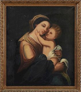 French School, "Virgin and Child," 19th c., oil on canvas, presented in a period gold leaf and gesso frame, H.- 29 1/2 in., W