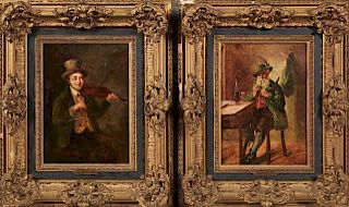 S. Toney, "The Fiddler," and E. Tokey, "German Hunter," two 20th c. oils on canvas, presented in matching period gilt and ges