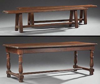 French Provincial Carved Oak Farmhouse Table, 19th c., on turned tapered legs joined by an H-form stretcher, together with a 