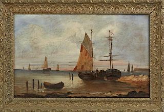 French School, "Fishing Boats in the Harbor," 19th c., oil on canvas, signed indistinctly lower right, presented in a period 