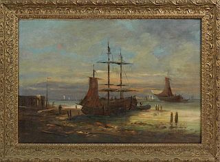 French School, "Fishing Boats in the Harbor," 19th c., oil on canvas, signed indistinctly lower right, presented in a period 