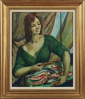 Tangelli, "The Fish Seller,' 20th c., oil on canvas, signed lower left, presented in a gilt frame with a linen liner, H.- 23 