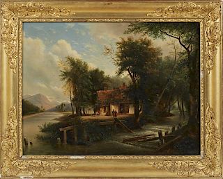 French School, "Figures Before a Country House Along the River," 19th c., oil on canvas, presented in an ornate wide gilt and