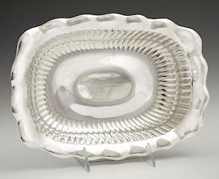 Rectangular Sterling Vegetable Bowl, early 20th c., by Wallace, #1566, with a scalloped rim around ribbed sides, H.- 1 7/8 in