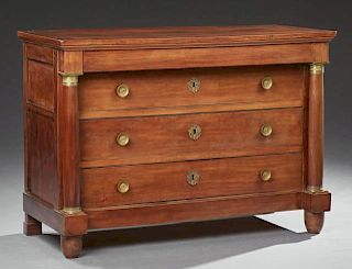 French Louis Philippe Carved Walnut Ormolu Mounted Commode, c. 1850, the rectangular top over a frieze drawer and three setba