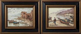 Giordano, "Harbor Scene," 20th c., pair of oils on canvas, signed, presented in a gilt and ebonized frames, H.- 8 1/4 in., W.