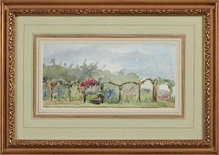 American School, "Trellis in the Garden," early 20th c., watercolor, presented in a gilt frame, H.- 4 1/8 in., W.- 9 3/4 in.
