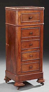 Louis Philippe Carved Walnut Marble Top Nightstand, 19th c., the highly figured inset canted corner Violette Breche d'Aleps m