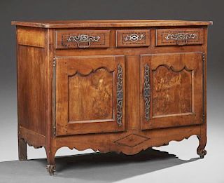French Provincial Louis XV Style Inlaid Cherry Sideboard, 19th c., the rounded corner top over three frieze drawers above dou