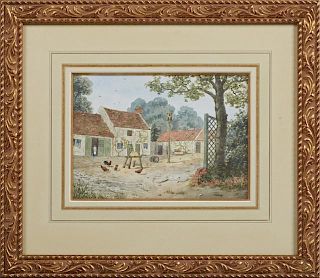 Continental School, "Chickens in the Barnyard," late 19th c., watercolor, presented in a gilt relief frame, H.- 6 3/4 in., W.