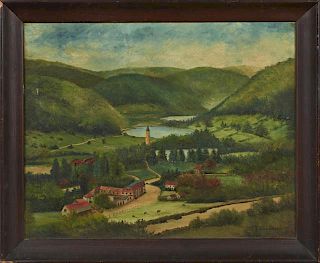 A. Aalbregtse, "View of the Valley," early 20th c., oil on canvas, signed lower right, presented in a wide wood frame, H.- 23