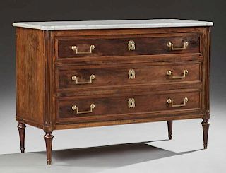 French Louis XVI Style Carved Mahogany Marble Top Commode, 19th c., the stepped ogee edge cookie corner figured white marble 