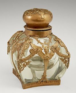 French Gilt Bronze and Crystal Art Nouveau Style Inkwell, late 19th c., the sides with relief flowers and winged caryatids, t