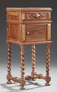 French Henri II Style Carved Walnut Marble Top Nightstand, early 20th c., the inset highly figured rouge marble over a frieze