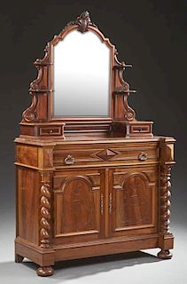 French Henri II Style Carved Walnut Marble Top Dresser, late 19th c., the arched wide beveled mirror flanked by shelves and t
