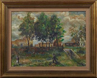 Gustavo Cochet (1894-1979), "Country Landscape with Figures on a Path," 20th c., oil on board, signed lower right, presented 