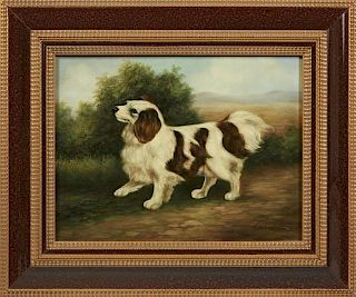 Chinese School, "King Charles Spaniel," 20th c., oil on canvas, signed indistinctly lower right, presented in a gilt and wood