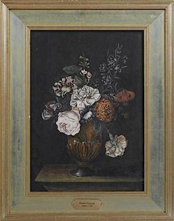 In the Manner of Rachel Ruysch (1664-1750, Dutch) , "Still Life of Flowers in a Brown Vase,", watercolor, unsigned, presented
