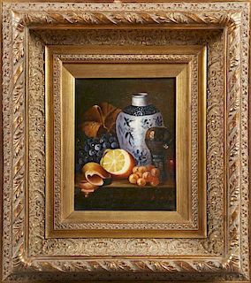 Chinese School, "Still Life of Fruit and a Jug and Glass on a Table," 20th c., oil on canvas, presented in an ornate gilt fra