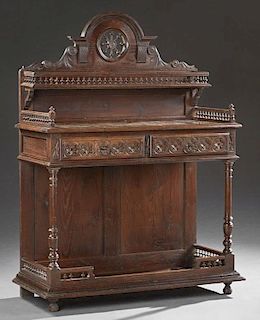 French Carved Oak Henri II Style Marble Top Server, early 20th c., Brittany, the arched pierced spindled crown over a spindle