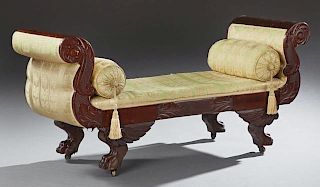 American Classical Carved Mahogany Window Seat, 19th c., the bench seat flanked by double scrolled acanthus leaf arms, over w