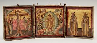 Russian Bronze Icon Triptych of The Resurrection, The Crucifixion and Saint John and Prophet Moses, late 19th c., H.- 3 3/4 i