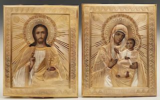 Pair of Russian Wedding Icons, 1881, moscow , with gilt silver oklads, with a maker's mark of "I.P.," and an assayer's mark o