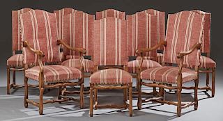 Set of Ten (8+2) French Carved Cherry Upholstered Dining Chairs, 20th c., the arched high backs over upholstered seats on cab