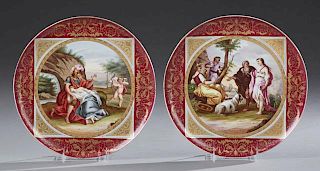 After Ernst Ludwig Plass (1855-1917), "The Temptation," and "Mars and Venus," 19th c., pair of Royal Vienna chargers, the bor