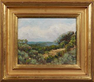 French School, "View from the Forest of Fontainebleau," 19th c., oil on canvas, laid to panel, framed, H.- 7 3/4 in., W.- 9 7