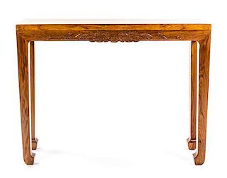 A Narrow Huanghuali Corner-Leg Table, Height 33 x width 41 3/4 x depth 12 inches.