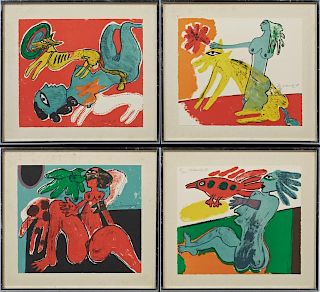 Guillaume Van Beverloo Corneille (1922-2010), "Woman with Bird," (2) and "Woman with Dog," (2), 1978, group of four colored l
