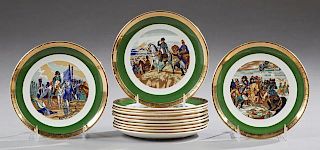 Set of Twelve French Porcelain Plates, 20th c., by Gien, with gilt borders around green banding and central reserves of