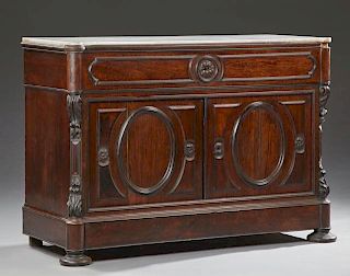 French Carved Mahogany Marble Top Commode, c. 1870, the cookie corner white marble over a frieze drawer above double cupboard