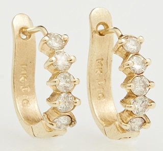 Pair of 14K Yellow Gold Half Hoop Earrings, each mounted with five round diamonds in pointed mounts, total diamond weight- 1 