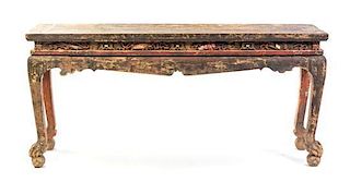 A Painted Wood Altar Table, Height 33 x width 70 x depth 20 inches.