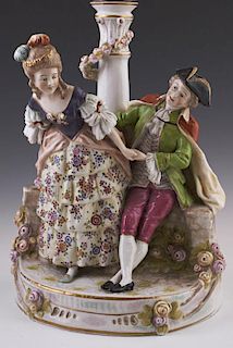 German Dresden Style Porcelain Figural Lamp, c. 1900, Sitzendorf, of a courting couple seated on a flower strewn wall, H.- 14