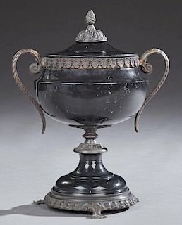 Bronze Mounted Black Marble Covered Handled Urn, 20th c., the figured baluster bowl with a bronze rim and handles on a bronze