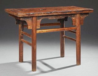 Chinese Carved Pine Altar Table. early 20th c., on turned legs joined by turned stretchers, H.- 27 1/4 in., W.- 38 1/4 in., D