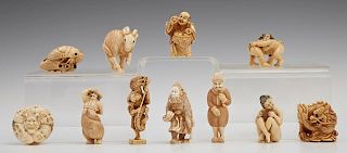 Group of Eleven Chinese Carved Ivory Netsukes, early 20th c., consisting of a ram, a dragon, Sumo wrestlers, a man with a bas
