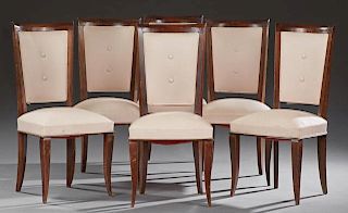 Set of Six French Art Nouveau Carved Beech Upholstery Dining Chairs, early 20th c., the high curved button back chairs to bow