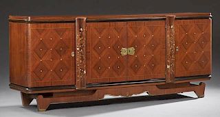 French Inlaid Carved Mahogany Ormolu Mounted Art Nouveau Sideboard, early 20th c., the stepped rectangular top over double mo