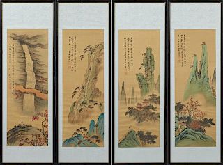 Group of Four Chinese Landscape Scrolls, early 20th c., watercolor, each with calligraphic inscriptions, mounted in silk mats