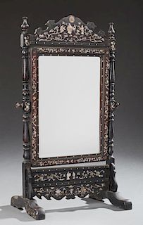 Chinese Mother of Pearl Inlaid Mahogany Dressing Mirror, c. 1900, with figural bird and landscape decoration, over a swivelin