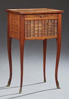 French Carved Mahogany Parquetry Inlaid Night Stand, early 20th c., the dished top over a fall front storage area mounted wit
