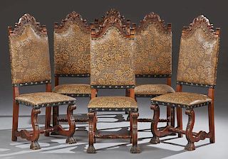 Set of Six Spanish Renaissance Style Carved Walnut Dining Chairs, 20th c